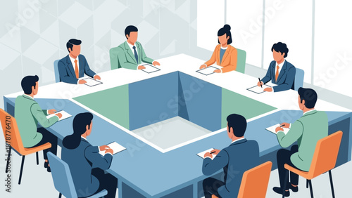 A group of people sitting around a large conference table in a modern office, engaged in a meeting