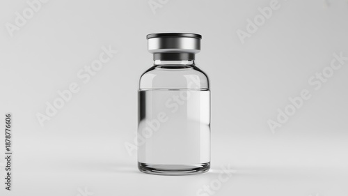 Clear liquid vaccine vial with silver cap on white background
