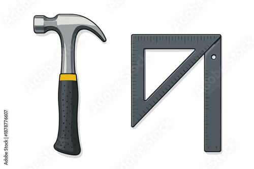 Claw hammer and speed square construction tools isolated on white background