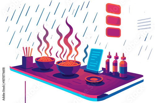 Steaming ramen bowls and digital ordering tablet on a table during a rainstorm