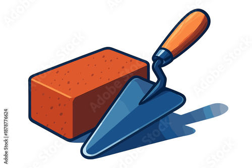 Professional construction worker tools, a red brick and metal trowel with wooden handle