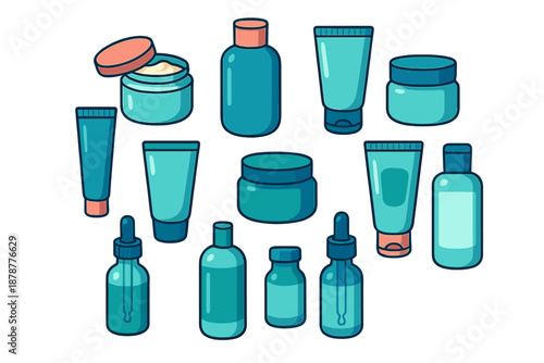 Diverse set of beauty and personal care product containers including bottles jars and tubes