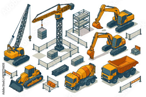 Isometric set of heavy construction vehicles including cranes, excavators, dump truck, and cement mixer