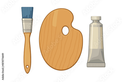 Wooden artist palette, paintbrush, and tube of paint isolated on white background