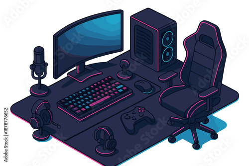 Modern isometric gaming desk setup featuring computer, monitor, keyboard, mouse, microphone, and ergonomic chair