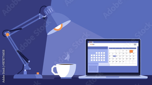 A laptop displaying a calendar is illuminated by a desk lamp next to a steaming coffee cup on a table