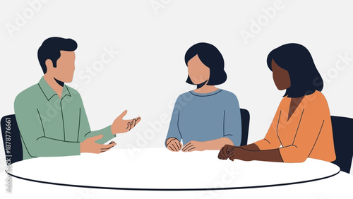 Three individuals engaged in a discussion around a table, illustration of a meeting scene from a frontal viewpoint