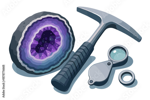 Geological tools and equipment including amethyst geode, rock hammer, and magnifying loupe for mineral exploration