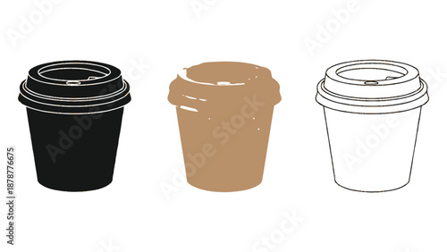Disposable coffee cup with lid icon set in black, brown, and outline