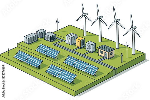 Sustainable energy system with solar panels, wind turbines, and battery storage infrastructure