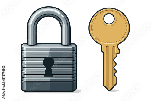 Closed metallic padlock and a golden brass key symbolizing security and access