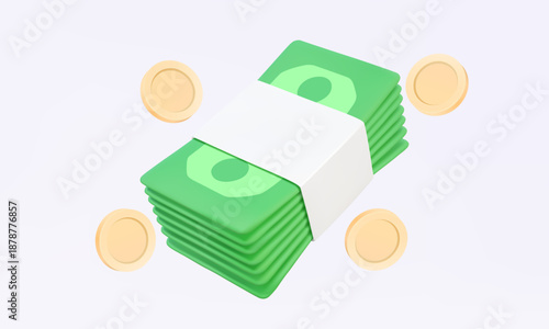 Banknotes stack with coins floating on white background. Economy money saving loan bank deposit budget bonus wealth business financial investment. 3D vector illustration elements