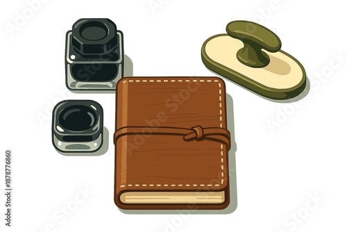 Vintage writing set with leather journal, ink bottles, and antique desk blotter