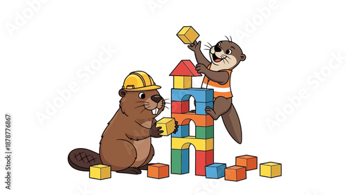 Two beavers building colorful block castle together playfully