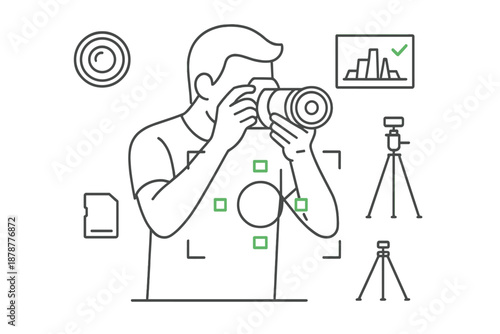Professional photographer taking a picture with a digital camera surrounded by photography equipment icons