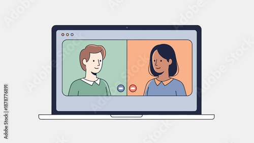 Two people engaged in a video conference on a laptop screen displaying a virtual meeting environment