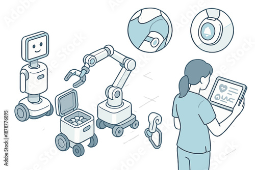 Nurse using a tablet with healthcare automation technology including service robots and medical monitoring devices