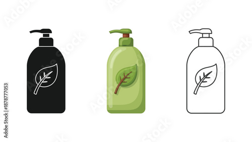 Organic liquid soap dispenser icon set with leaf in black, green, and outline