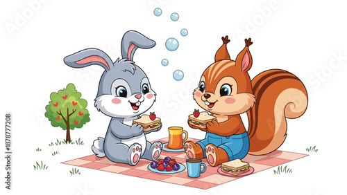 Cute bunny and squirrel enjoying picnic together outdoors