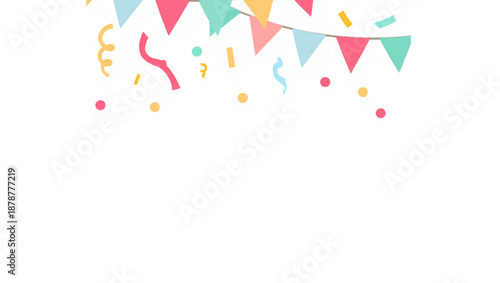 Colorful party streamers and confetti vector illustration featuring a pink flower pattern and triangle shapes on a white celebration wallpaper design for a birthday card frame decoration