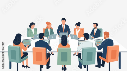 Professionals engaged in a collaborative meeting around a table with laptops in a modern office setting