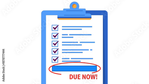 A checklist on a clipboard with a deadline marked as due now, emphasizing urgency and task completion