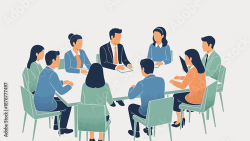 Diverse group of professionals engaged in a collaborative discussion around a table in a modern office setting