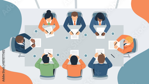 Group of people sitting around a table in a meeting or discussion in a modern office environment