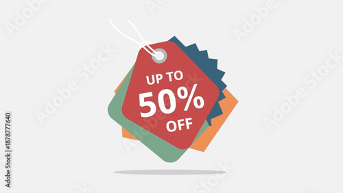 Colorful discount tags with up to 50 percent off displayed prominently on a white background illustration