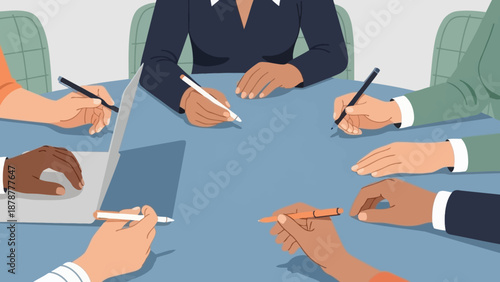 Business professionals engaged in a meeting around a table, discussing ideas and writing notes.