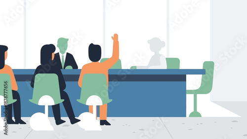 People seated in a meeting room with one person raising their hand in a discussion or presentation