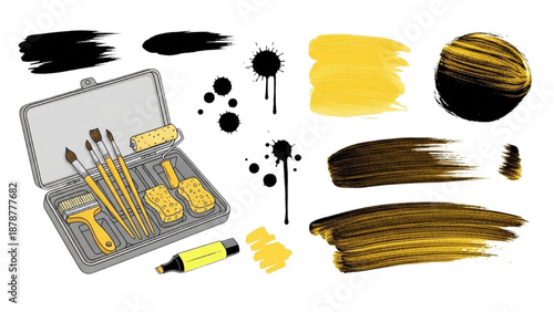 Assorted makeup brushes and cosmetic products in a box viewed from above with artistic designs