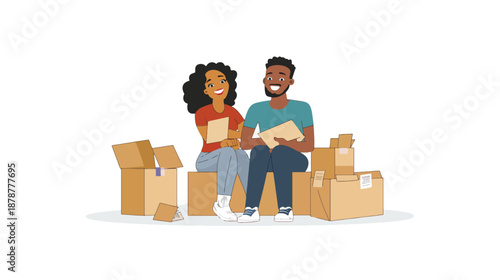 Happy Couple Unpacking Boxes Together at Home