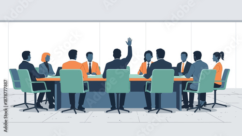 A group of professionals engaged in a discussion around a conference table in a modern office setting from a rear viewpoint