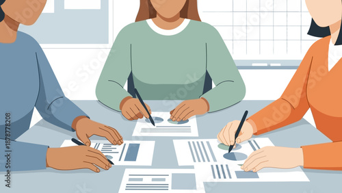 Three individuals collaborating on a project at a table with papers and pens in a well-lit office environment