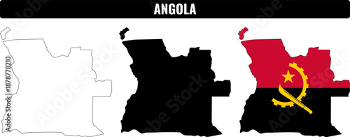 Different shapes of Angola showing outline and flag design