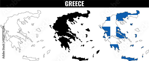 Shapes of Greece showing outline maps and colored sections of regions across the country