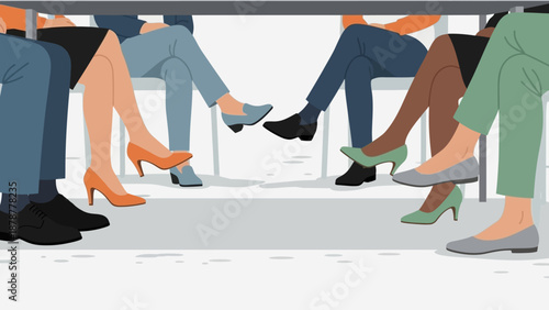 Diverse group of professionals sitting together in a modern office environment from a low-angle viewpoint