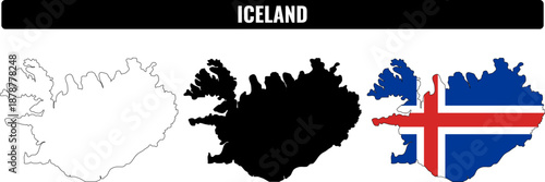 Different shapes of Iceland displayed with outline and flag design