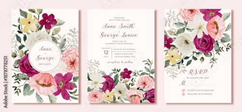 wedding invitation set with pink white floral watercolor background