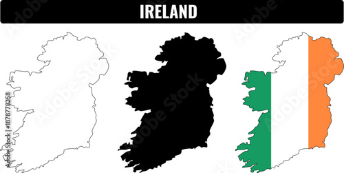 Shapes of Ireland showing outline, filled black, and colored with flag