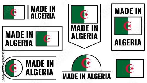 Icons set featuring made in Algeria symbols with national flags and text for product identification