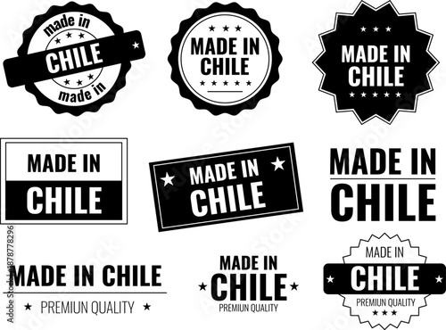 Various labels for products made in Chile with black and white designs showcasing origin