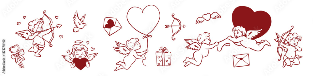 Fototapeta premium Hand drawn Valentine’s Day illustration set with cute cupids and cherubs flying, shooting arrows, holding hearts, gifts and love letters. Romantic whimsical line art style, perfect for cards, stickers