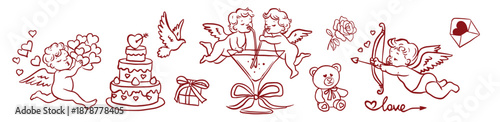Hand drawn Valentine’s Day illustration set with cute cherubs and cupids celebrating love with hearts, cake, gifts, teddy bear and romantic symbols. Whimsical vintage line art style for cards, sticker