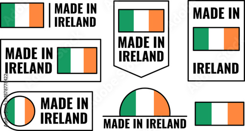 Various icons showing Made in Ireland symbols and products with Irish flag colors