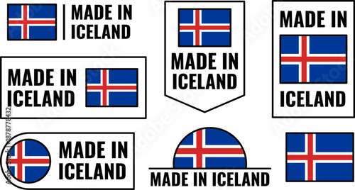 Icons set showcasing Iceland product emblems featuring the Iceland flag design