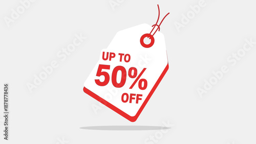 A discount label with up to 50 percent off displayed prominently on a white background
