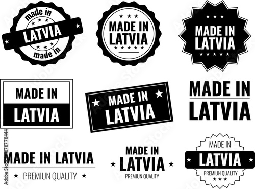 Made in Latvia labels icons set showing product emblems from Latvia