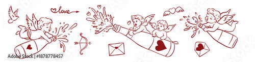 Hand drawn Valentine’s Day illustration with flying cherubs and cupids spraying love from bottles, sending hearts and letters. Romantic whimsical line art style, perfect for cards, stickers, prints 